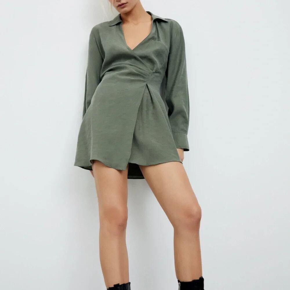 Zara Long Sleeve Tunic Wrap Style Mini Dress Collard V Neck Button M Sage Green
